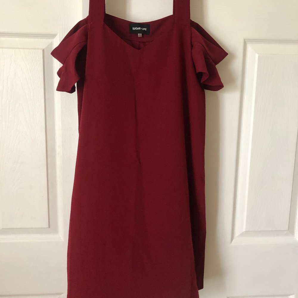 Red Ruffle Cold Shoulder casual Dress